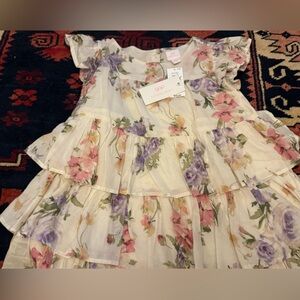 LoveShackFancy Floral Tiered Ruffle Dress in Cream with Pink & Purple Flowers